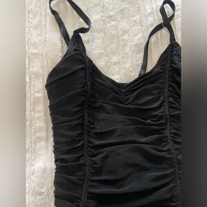 Mesh ruched black tanktop bodysuit
